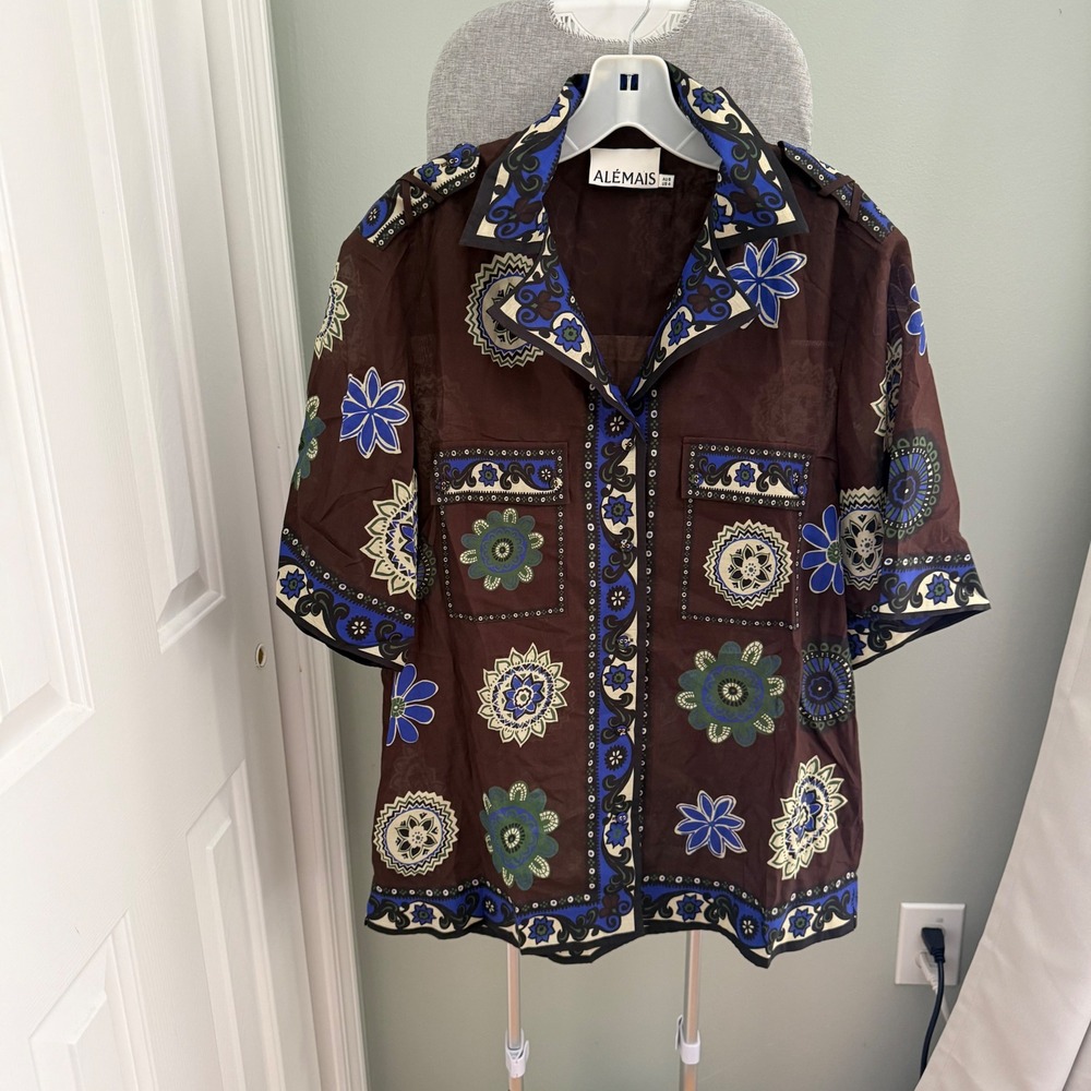 ALÉMAIS Jasper Shirt Women's US 4 Brown Floral Cotton Silk Oversized Boho